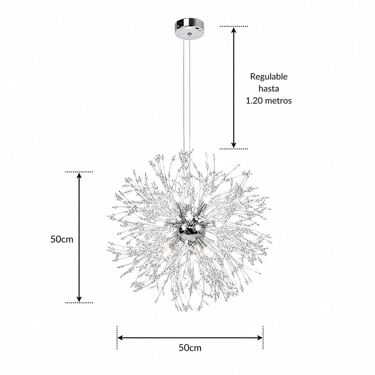 Lámpara colgante explosión de cristales, Plateado (50* Regula 120cm) (8 focos G9 no incluidos)