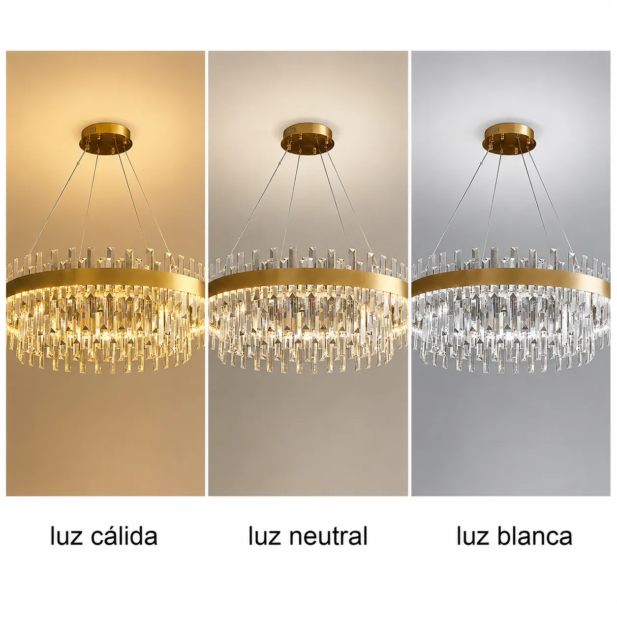 Lámpara colgante aro con cristales facetados grandes y pequeños, Dorado (60*25*Regula 120cm, 60W) (Circuito LED integrado, 3 temperaturas de luz: cálida 3000K, neutra 4500K, blanca 6000K, vida útil 25000 horas)