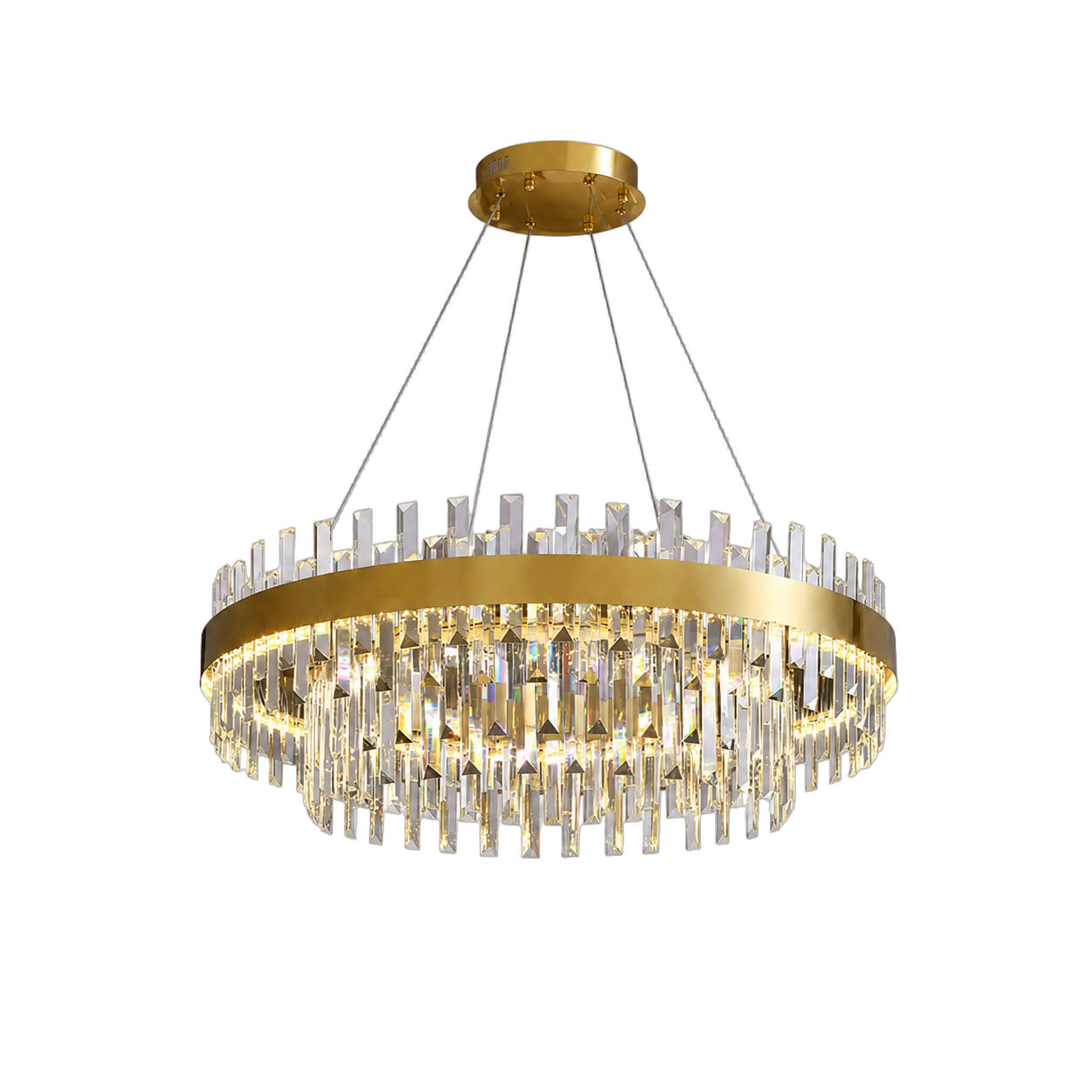 Lámpara colgante aro con cristales facetados grandes y pequeños, Dorado (60*25*Regula 120cm, 60W) (Circuito LED integrado, 3 temperaturas de luz: cálida 3000K, neutra 4500K, blanca 6000K, vida útil 25000 horas)