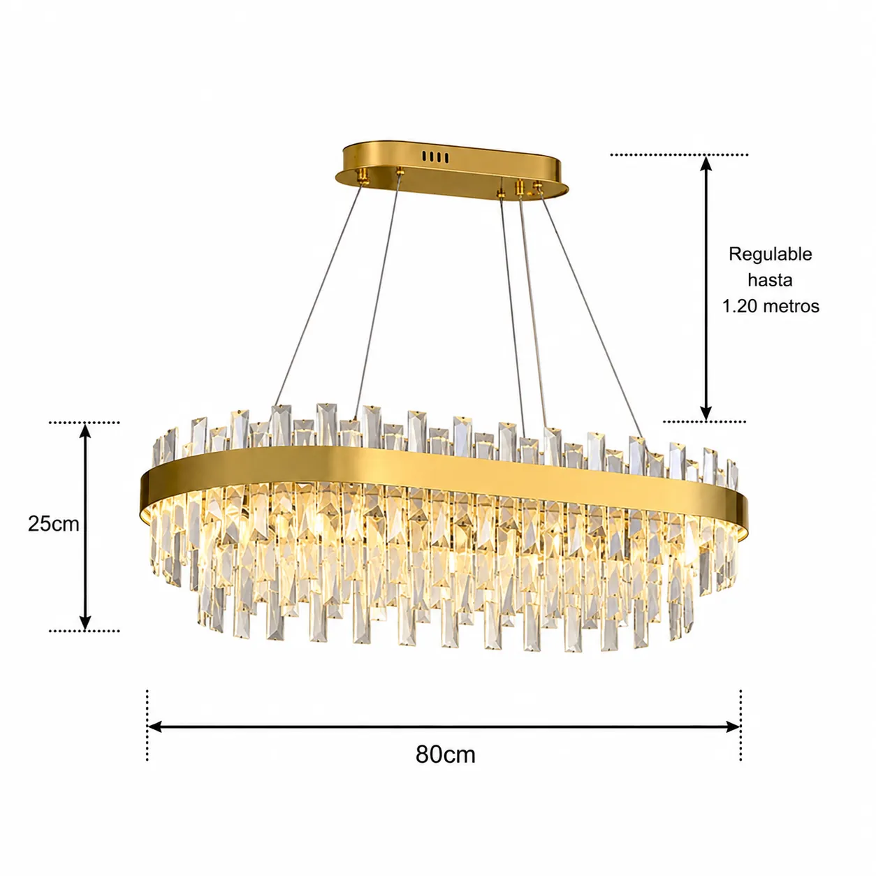 Lámpara colgante ovalada con cristales, Dorado (80*25*Regulable 120cm, 80W) (Circuito LED integrado, 3 temperaturas de luz: cálida 3000K, neutra 4500K, blanca 6000K, vida útil 25000 horas)