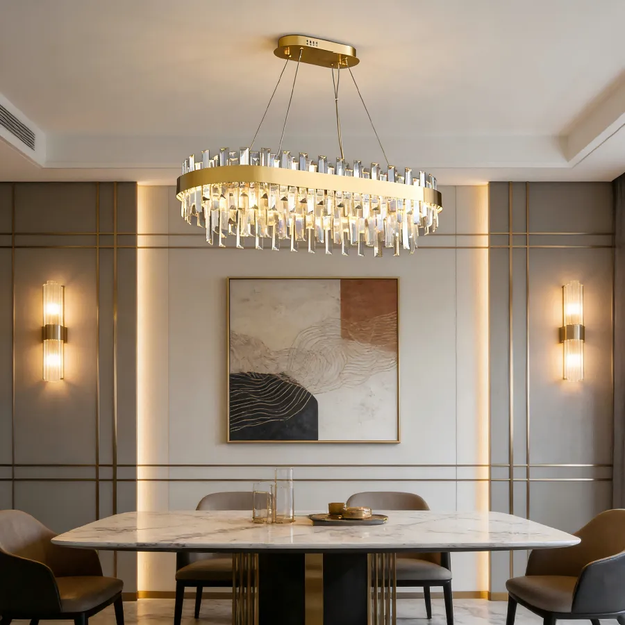 Lámpara colgante ovalada con cristales, Dorado (80*25*Regulable 120cm, 80W) (Circuito LED integrado, 3 temperaturas de luz: cálida 3000K, neutra 4500K, blanca 6000K, vida útil 25000 horas)