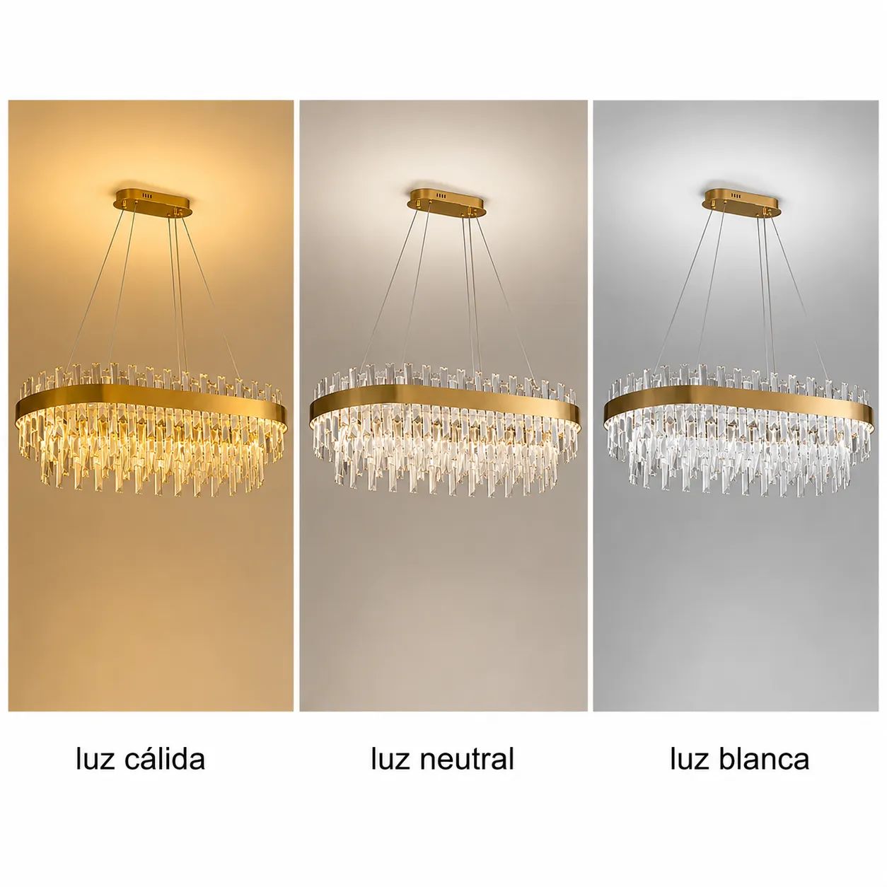 Lámpara colgante ovalada con cristales, Dorado (80*25*Regulable 120cm, 80W) (Circuito LED integrado, 3 temperaturas de luz: cálida 3000K, neutra 4500K, blanca 6000K, vida útil 25000 horas)