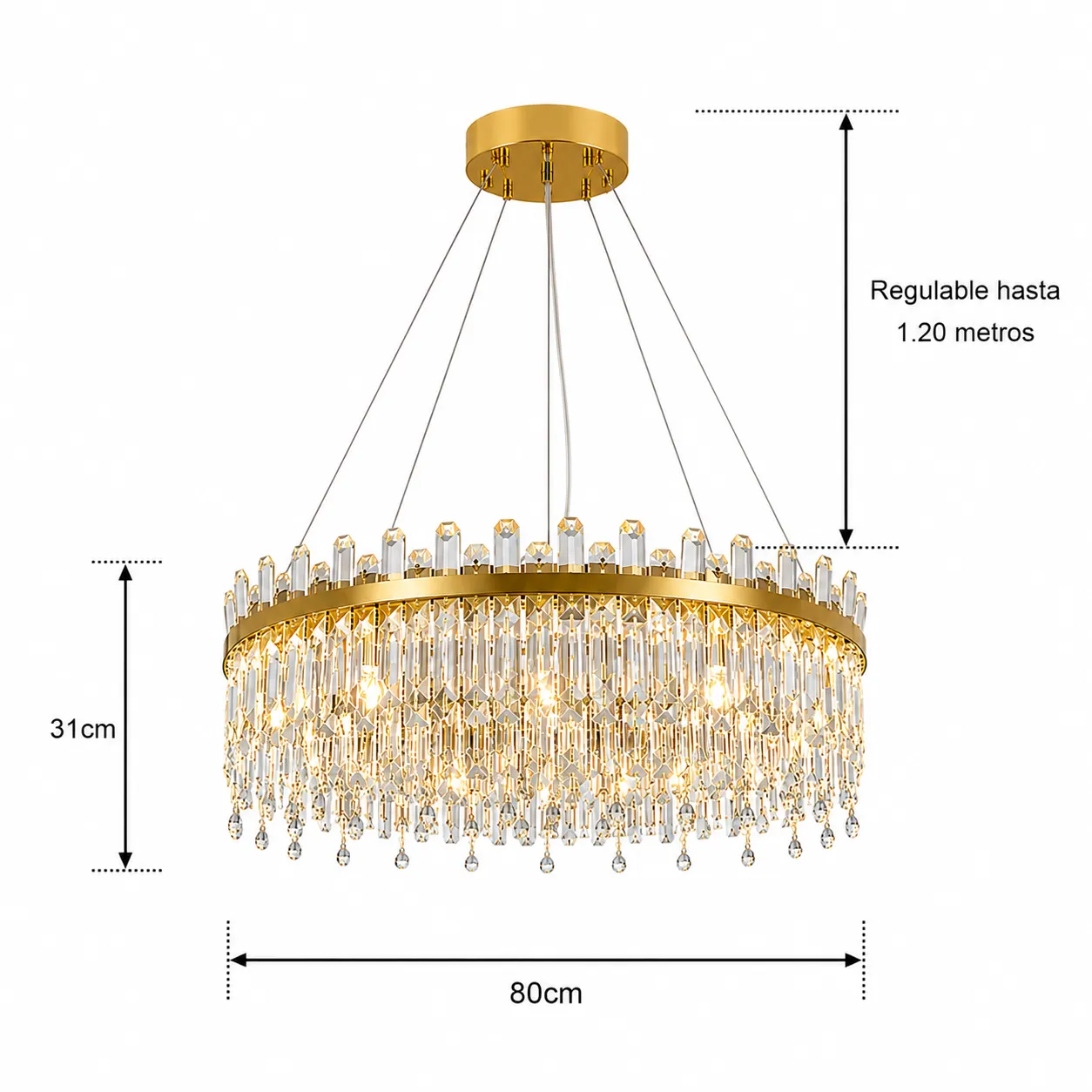 Candelabro colgante redondo con cristales, Dorado (80*120cm)