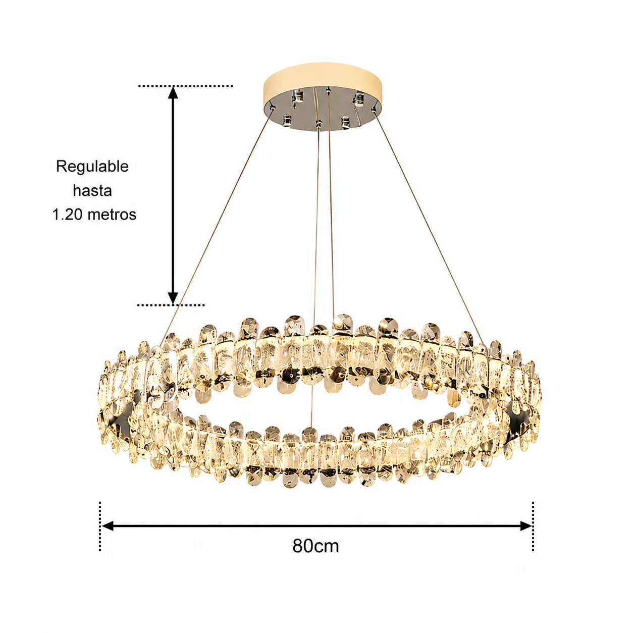 Lámpara colgante aro con cristales grande, Plateada (80*9*Regula 120cm,70W) (Circuito LED integrado, 3 temperaturas de luz: cálida 3000K, neutra 4500K, blanca 6000K, vida útil 25000 horas)