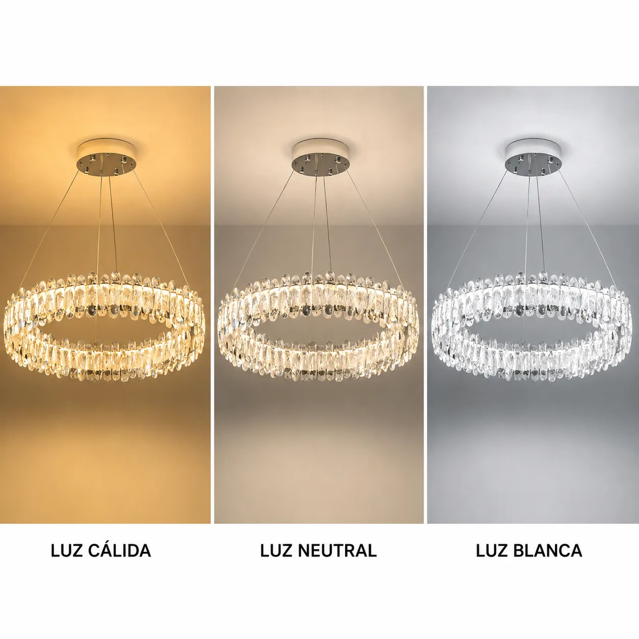 Lámpara colgante aro con cristales grande, Plateada (80*9*Regula 120cm,70W) (Circuito LED integrado, 3 temperaturas de luz: cálida 3000K, neutra 4500K, blanca 6000K, vida útil 25000 horas)