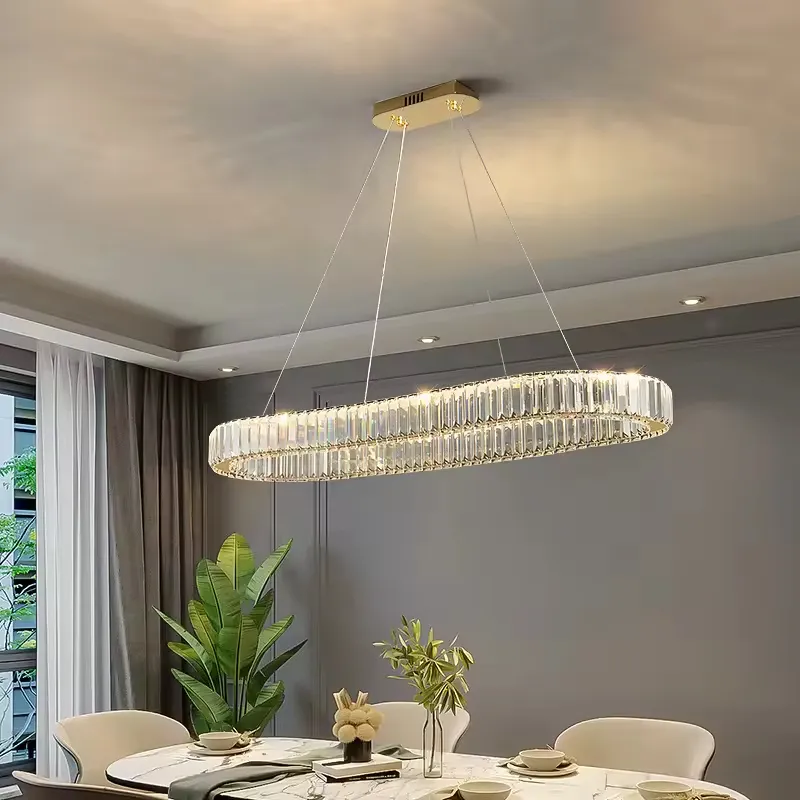 Lámpara colgante ovalada con cristales alargada, Dorado (80*7*120cm, 80W) (Circuito LED integrado, 3 temperaturas de luz: cálida 3000K, neutra 4500K, blanca 6000K, vida útil 25000 horas)