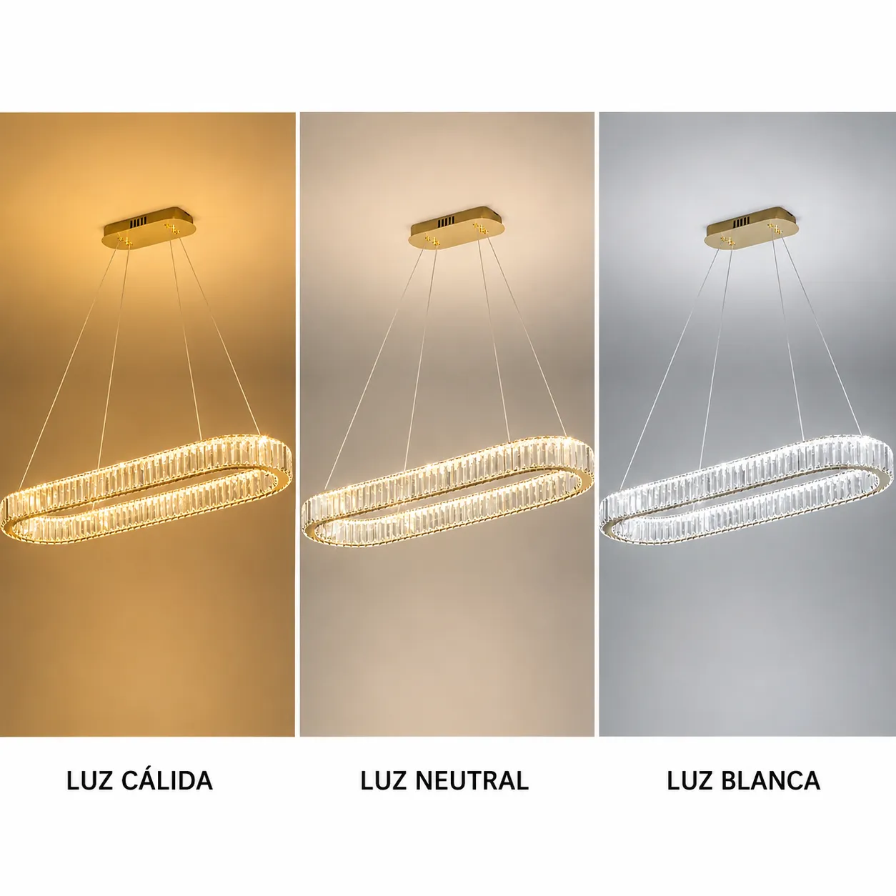 Lámpara colgante ovalada con cristales alargada, Dorado (80*7*120cm, 80W) (Circuito LED integrado, 3 temperaturas de luz: cálida 3000K, neutra 4500K, blanca 6000K, vida útil 25000 horas)
