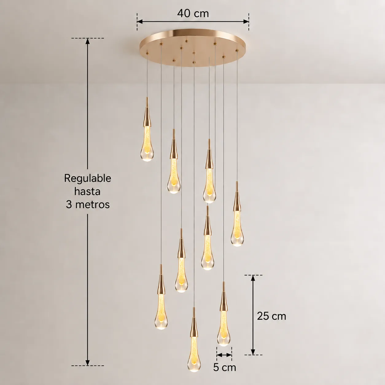Lámpara colgante cascada 9 luces, French Gold (40*Regula 300cm, 45W) (9 tubos led 9*25cm) (Circuito LED integrado, 3 temperaturas de luz: cálida 3000K, neutra 4500K, blanca 6000K, vida útil 25000 horas)