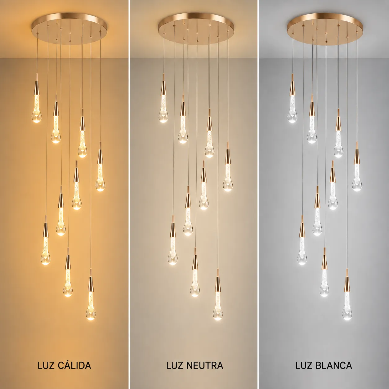 Lámpara colgante cascada 9 luces, French Gold (40*Regula 300cm, 45W) (9 tubos led 9*25cm) (Circuito LED integrado, 3 temperaturas de luz: cálida 3000K, neutra 4500K, blanca 6000K, vida útil 25000 horas)