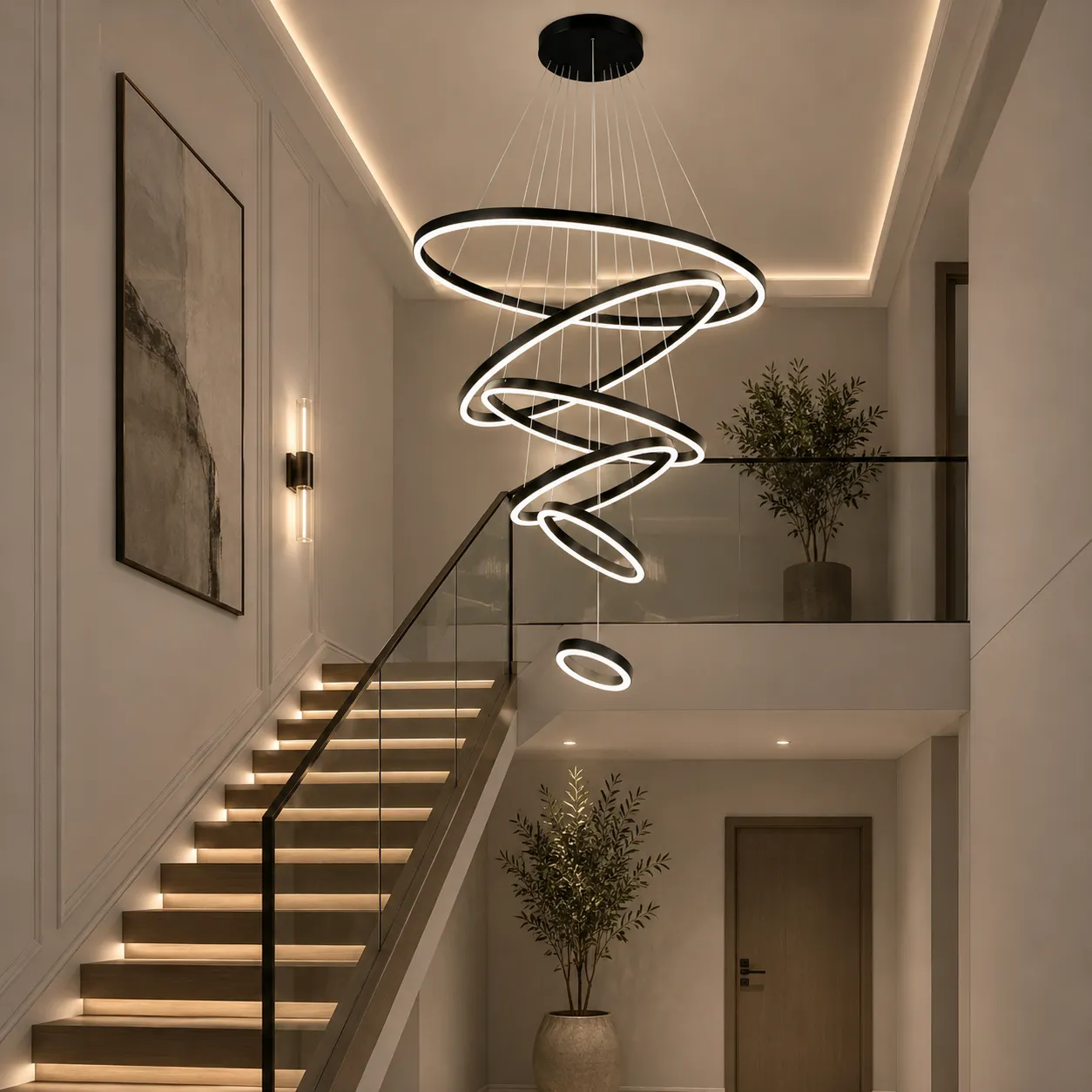 Lámpara colgante espiral LED 5 anillos, Negro (100*Regula 300cm,112W) (Circuito LED integrado, 3 temperaturas de luz: cálida 3000K, neutra 4500K, blanca 6000K, vida útil 25000 horas)