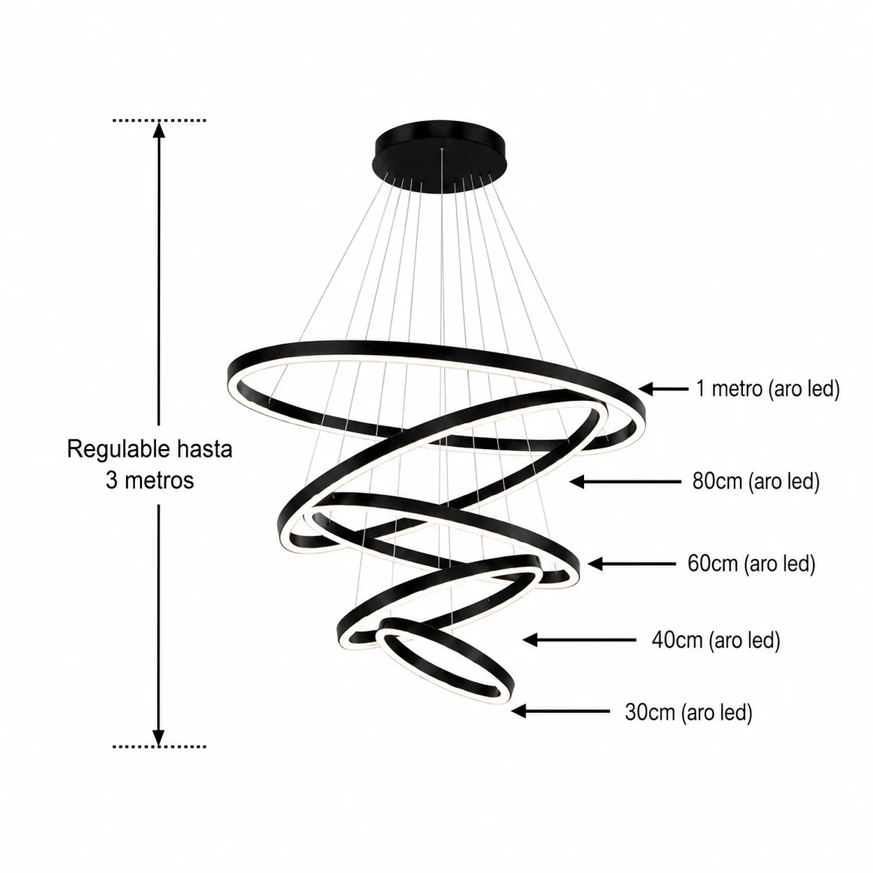 Lámpara colgante espiral LED 5 anillos, Negro (100*Regula 300cm,112W) (Circuito LED integrado, 3 temperaturas de luz: cálida 3000K, neutra 4500K, blanca 6000K, vida útil 25000 horas)