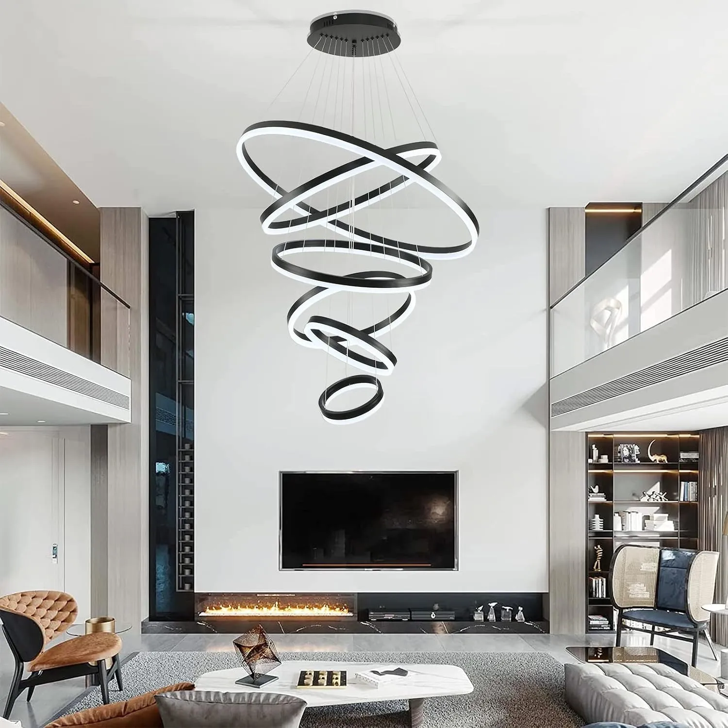 Lámpara colgante espiral LED 5 anillos, Negro (100*Regula 300cm,112W) (Circuito LED integrado, 3 temperaturas de luz: cálida 3000K, neutra 4500K, blanca 6000K, vida útil 25000 horas)