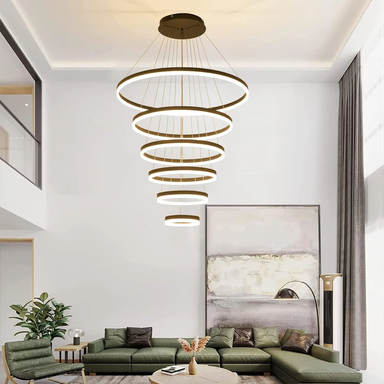 Lámpara colgante espiral LED 5 anillos, Negro (100*Regula 300cm,112W) (Circuito LED integrado, 3 temperaturas de luz: cálida 3000K, neutra 4500K, blanca 6000K, vida útil 25000 horas)