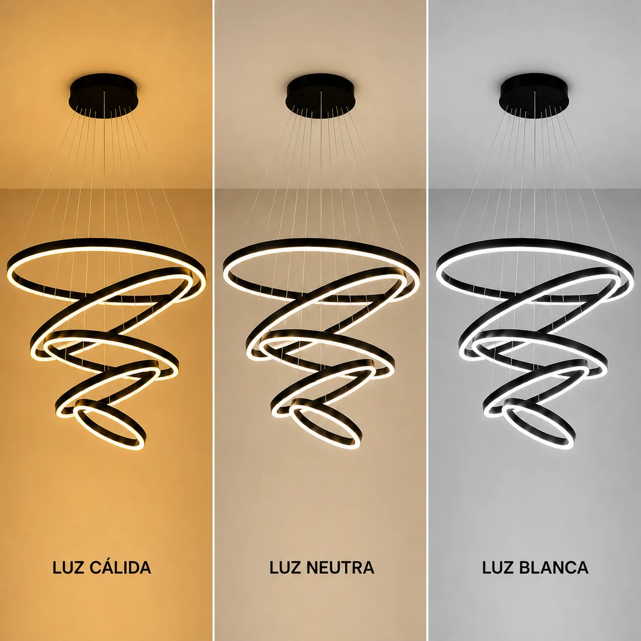 Lámpara colgante espiral LED 5 anillos, Negro (100*Regula 300cm,112W) (Circuito LED integrado, 3 temperaturas de luz: cálida 3000K, neutra 4500K, blanca 6000K, vida útil 25000 horas)