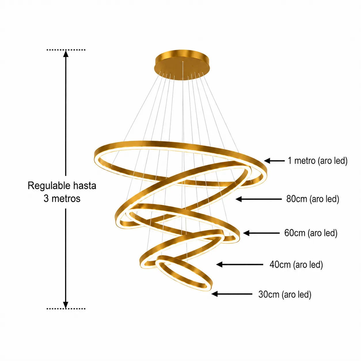 Lámpara colgante espiral LED 5 anillos, Dorado (100*300cm,112W)