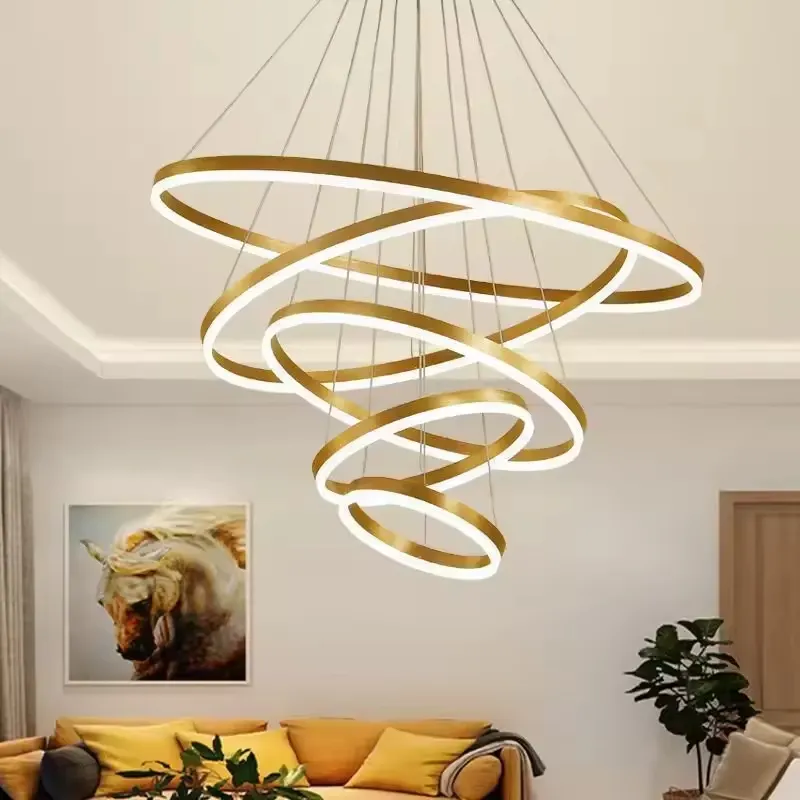 Lámpara colgante espiral LED 5 anillos, Dorado (100*Regula 300cm,112W) (Circuito LED integrado, 3 temperaturas de luz: cálida 3000K, neutra 4500K, blanca 6000K, vida útil 25000 horas)