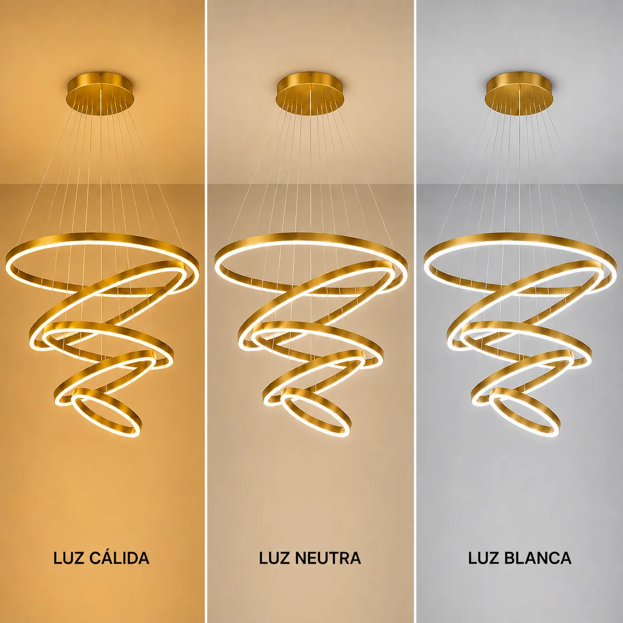 Lámpara colgante espiral LED 5 anillos, Dorado (100*Regula 300cm,112W) (Circuito LED integrado, 3 temperaturas de luz: cálida 3000K, neutra 4500K, blanca 6000K, vida útil 25000 horas)