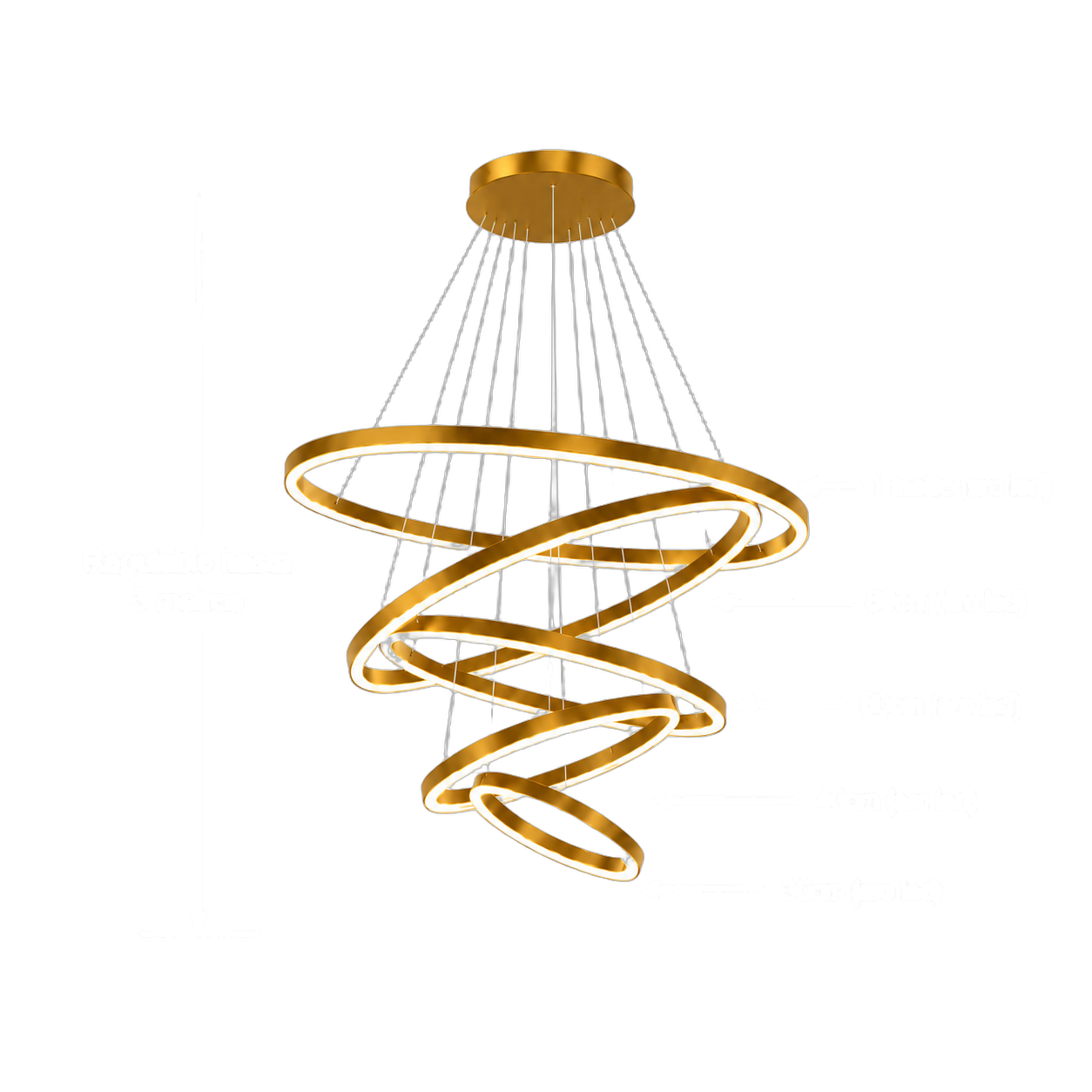 Lámpara colgante espiral LED 5 anillos, Dorado (100*Regula 300cm,112W) (Circuito LED integrado, 3 temperaturas de luz: cálida 3000K, neutra 4500K, blanca 6000K, vida útil 25000 horas)