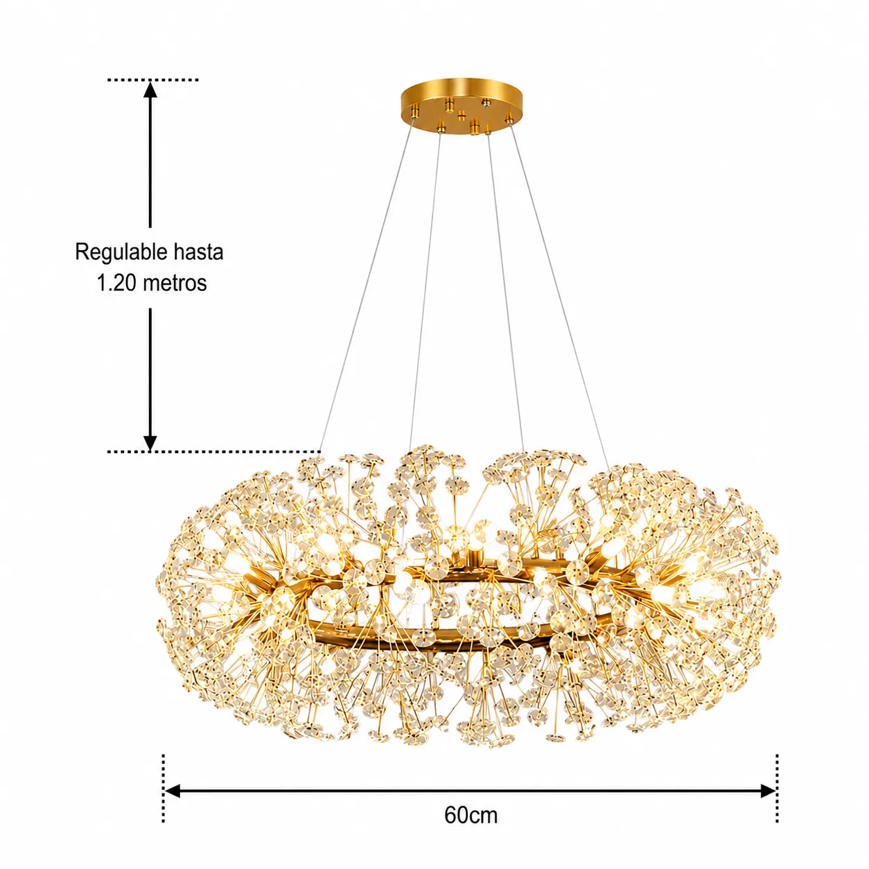 Lámpara colgante redonda con cristales facetados, Dorado (60*120cm)
