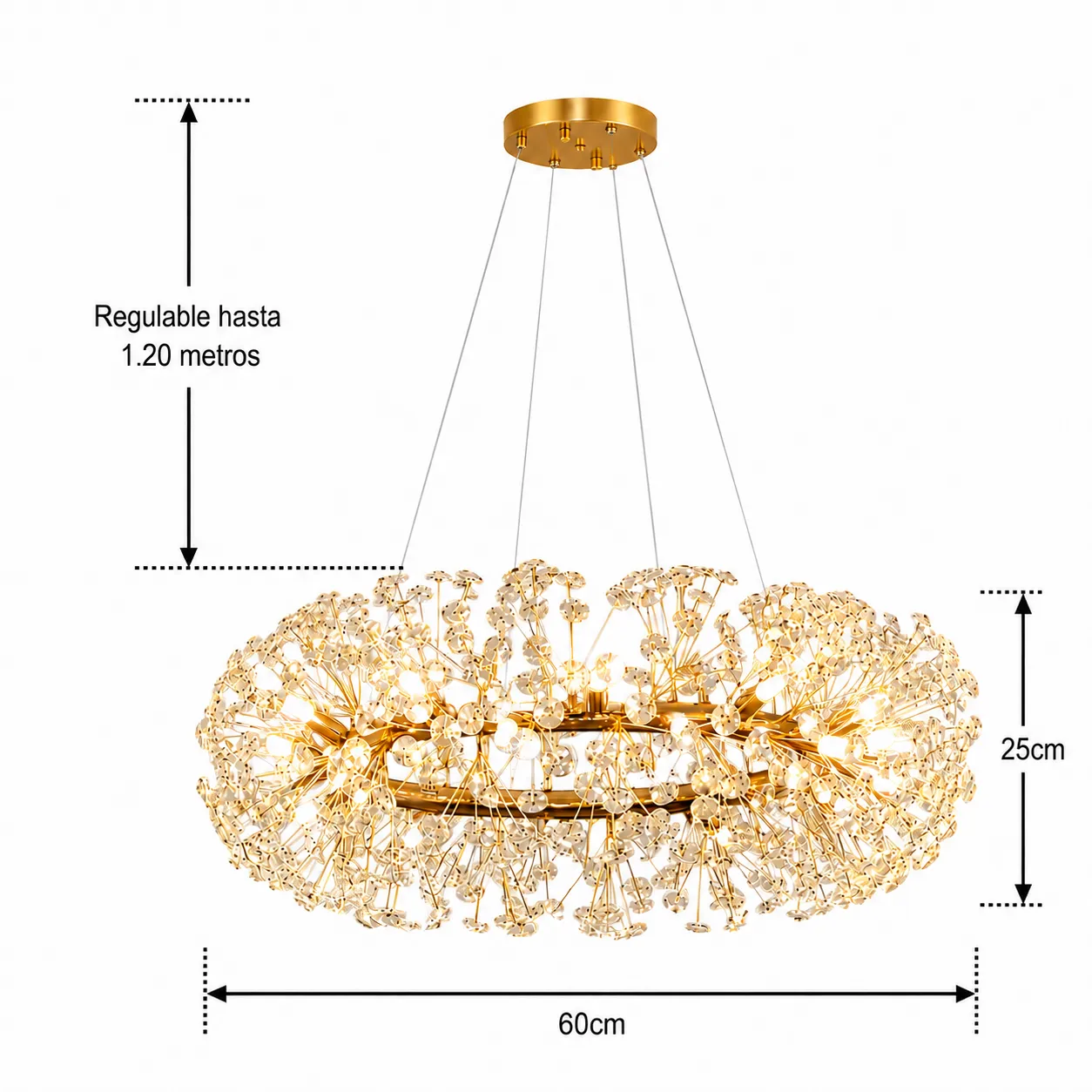 Lámpara colgante redonda con cristales facetados, French Gold (60*25*Regula 120cm) (12 focos G9 no incluidos)