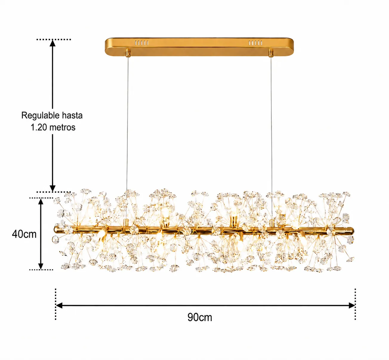 Lámpara colgante barra con cristales, French Gold (90*40*Regula 120cm) (12 focos G9 no incluidos)