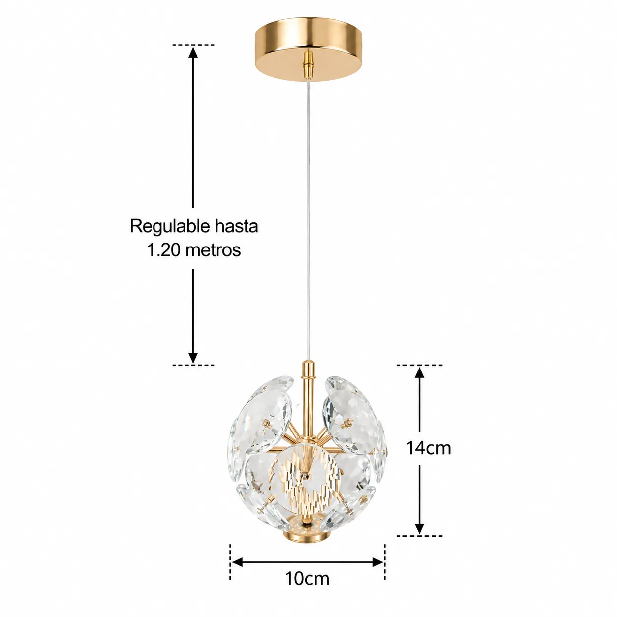 Lámpara colgante con cristal facetado individual French Gold (10*14*Regula 120cm, 5W) (Circuito LED integrado, 3 temperaturas de luz: cálida 3000K, neutra 4500K, blanca 6000K, vida útil 25000 horas)