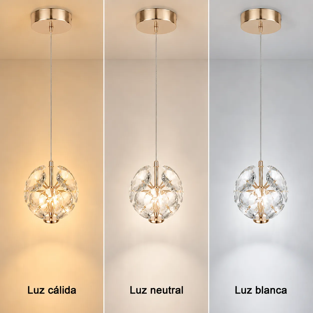 Lámpara colgante con cristal facetado individual French Gold (10*14*Regula 120cm, 5W) (Circuito LED integrado, 3 temperaturas de luz: cálida 3000K, neutra 4500K, blanca 6000K, vida útil 25000 horas)