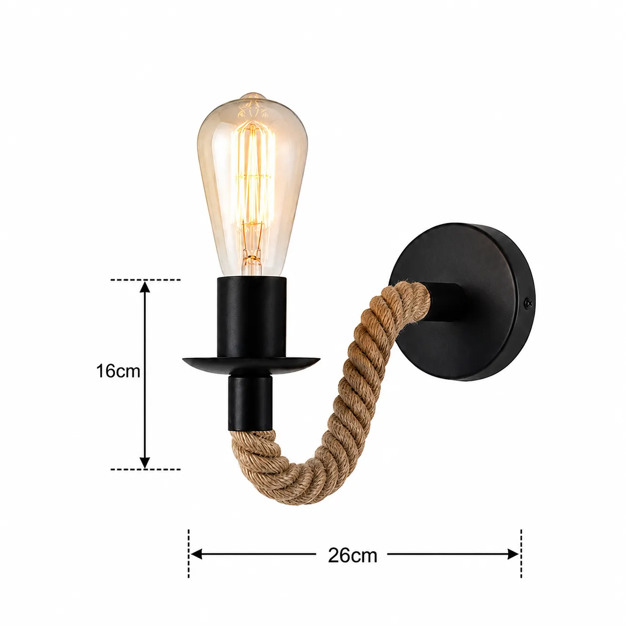 Aplique de pared vela con soga,, Negro (26*16cm) (1 foco E27 no incluidos)