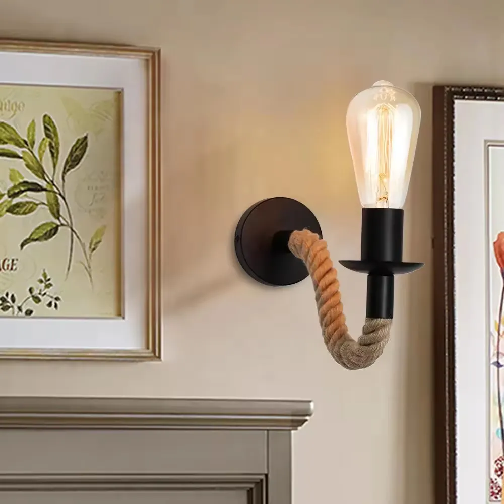 Aplique de pared vela con soga,, Negro (26*16cm) (1 foco E27 no incluidos)