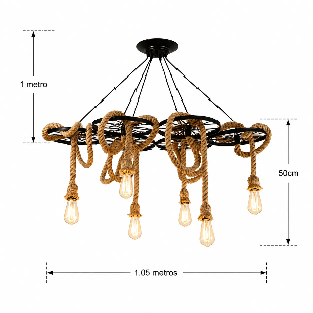 Lámpara de techo rueda con soga 6 luces, Negro (105*50*Regula 100cm) (6 focos E27 no incluidos)