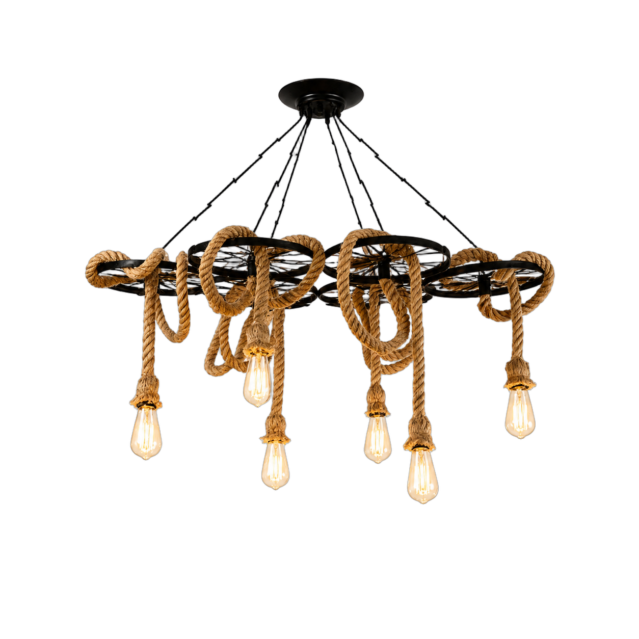 Lámpara de techo rueda con soga 6 luces, Negro (105*50*Regula 100cm) (6 focos E27 no incluidos)