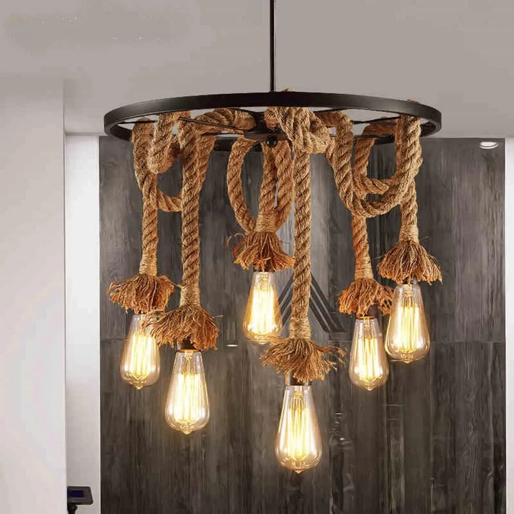 Lámpara colgante rueda con soga, Negro (50*50cm)