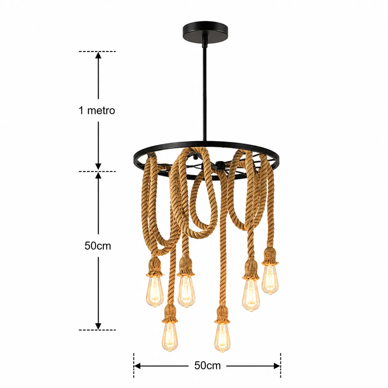 Lámpara colgante rueda con soga, Negro (50*50*Regula 100cm) (6 focos E27 no incluidos)