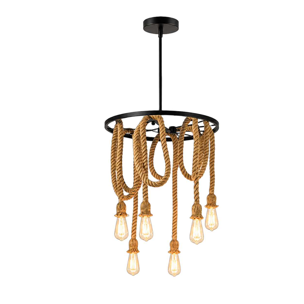 Lámpara colgante rueda con soga, Negro (50*50*Regula 100cm) (6 focos E27 no incluidos)