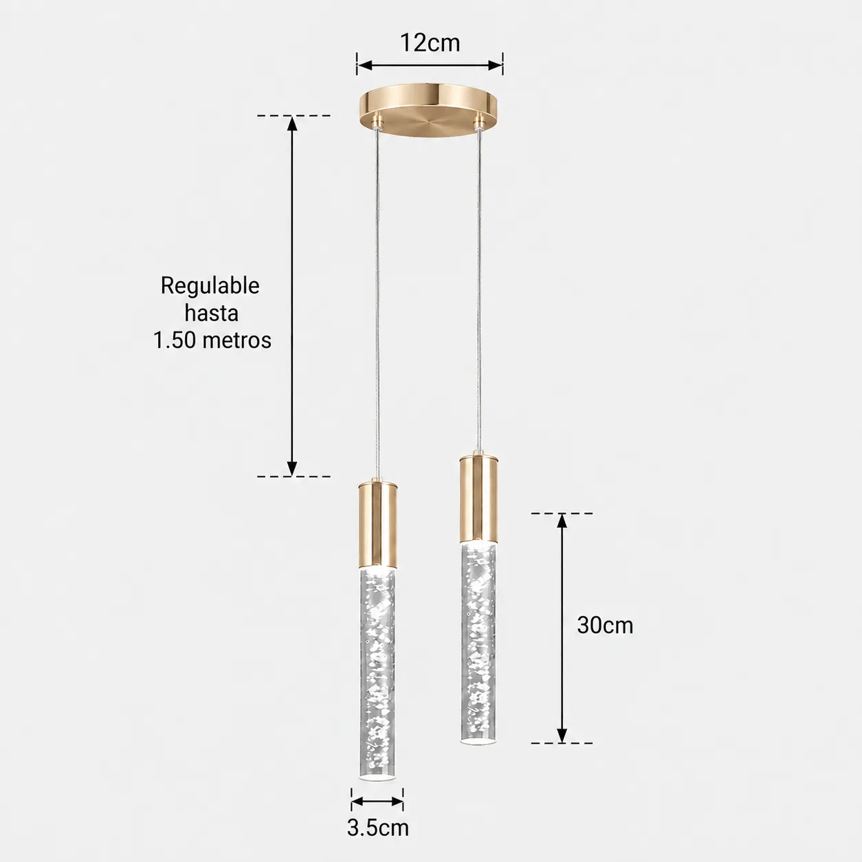 Lámpara colgante doble cápsula, French Gold (3.5*30*Regula 150cm, 10W) (Circuito LED integrado, 3 temperaturas de luz: cálida 3000K, neutra 4500K, blanca 6000K, vida útil 25000 horas)