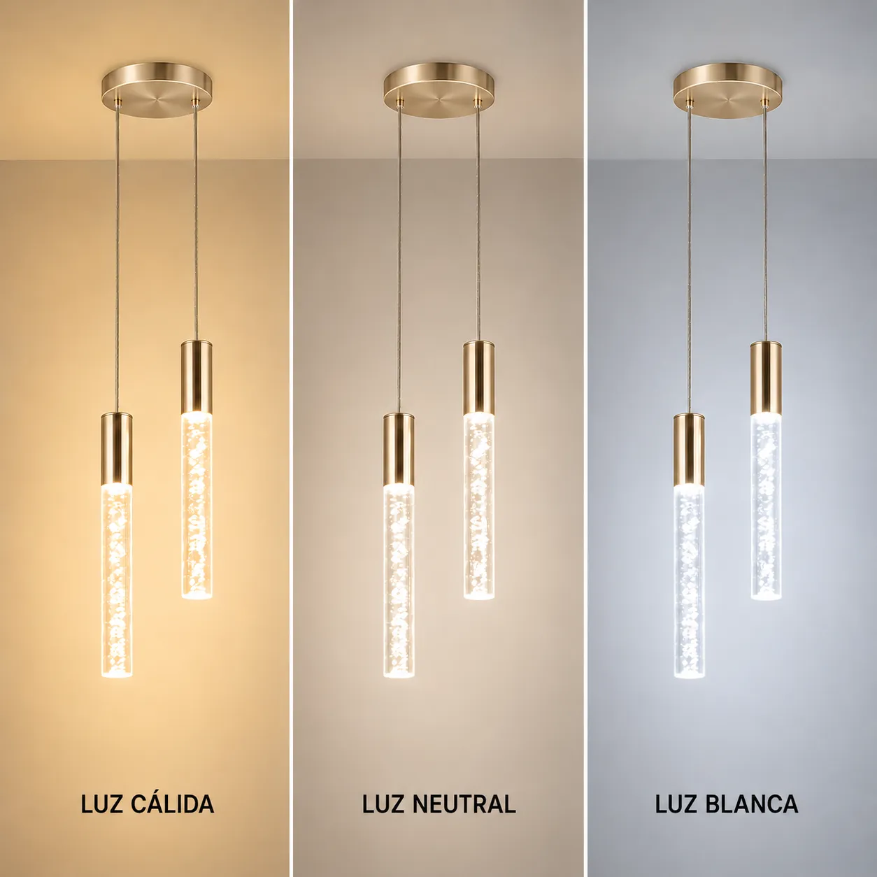 Lámpara colgante doble cápsula, French Gold (3.5*30*Regula 150cm, 10W) (Circuito LED integrado, 3 temperaturas de luz: cálida 3000K, neutra 4500K, blanca 6000K, vida útil 25000 horas)
