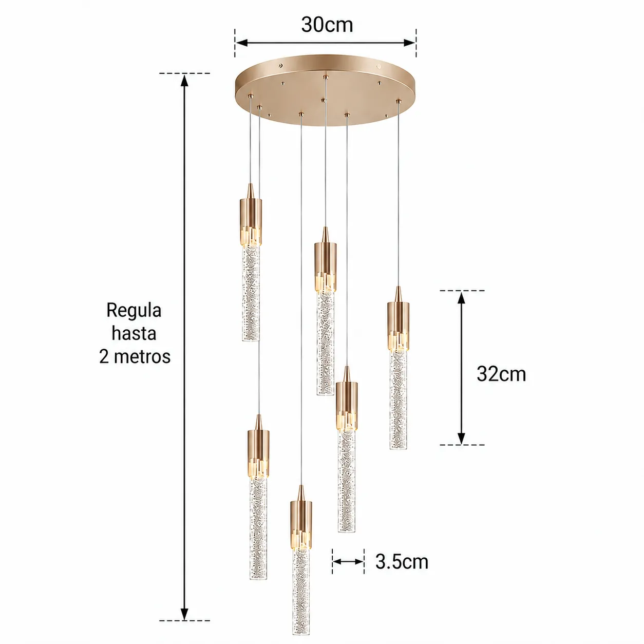 Lámpara colgante cascada 6 luces, French Gold (30*Regula 200cm, 30W) (6 tubos led 3.5*32cm) (Circuito LED integrado, temperatura de luz: cálida 3000K, vida útil 25000 horas)