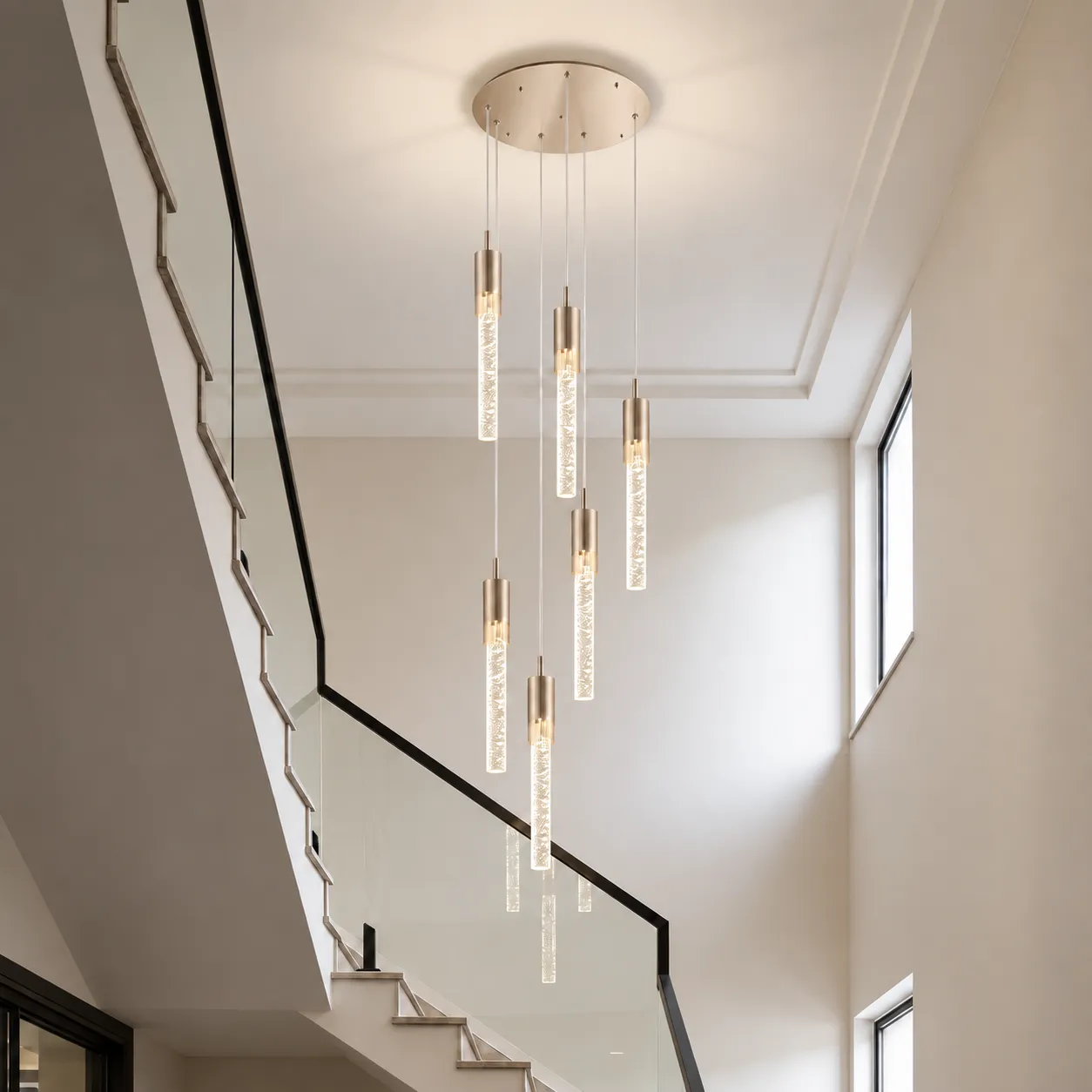 Lámpara colgante cascada 6 luces, French Gold (30*Regula 200cm, 30W) (6 tubos led 3.5*32cm) (Circuito LED integrado, temperatura de luz: cálida 3000K, vida útil 25000 horas)