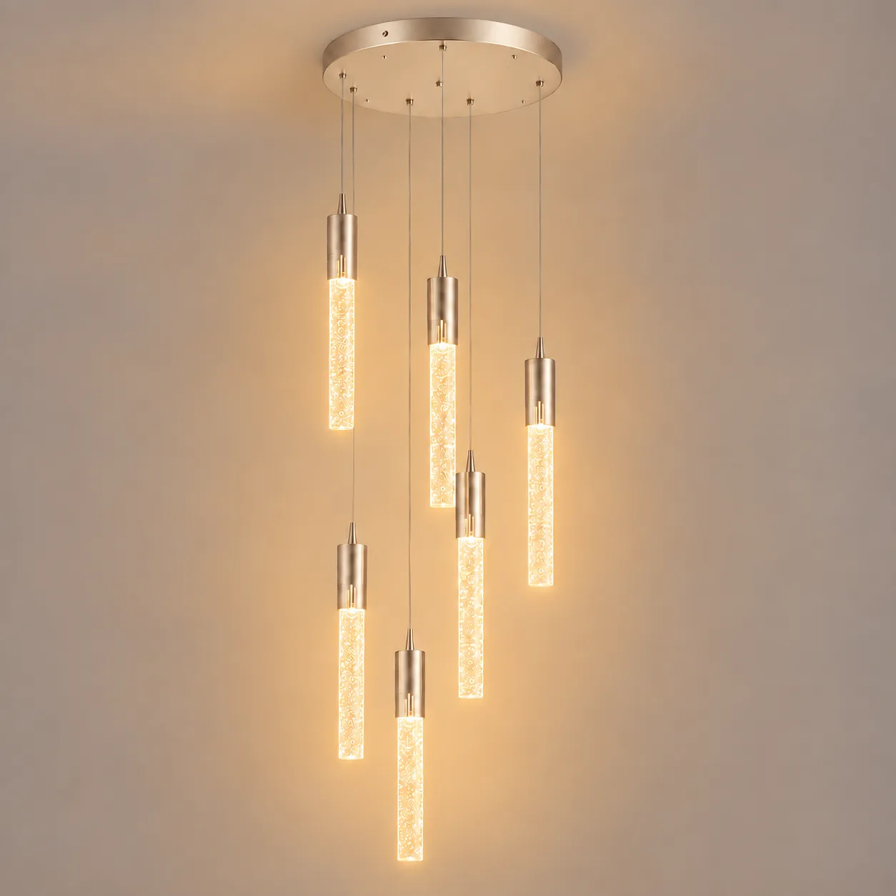 Lámpara colgante cascada 6 luces, French Gold (30*Regula 200cm, 30W) (6 tubos led 3.5*32cm) (Circuito LED integrado, temperatura de luz: cálida 3000K, vida útil 25000 horas)