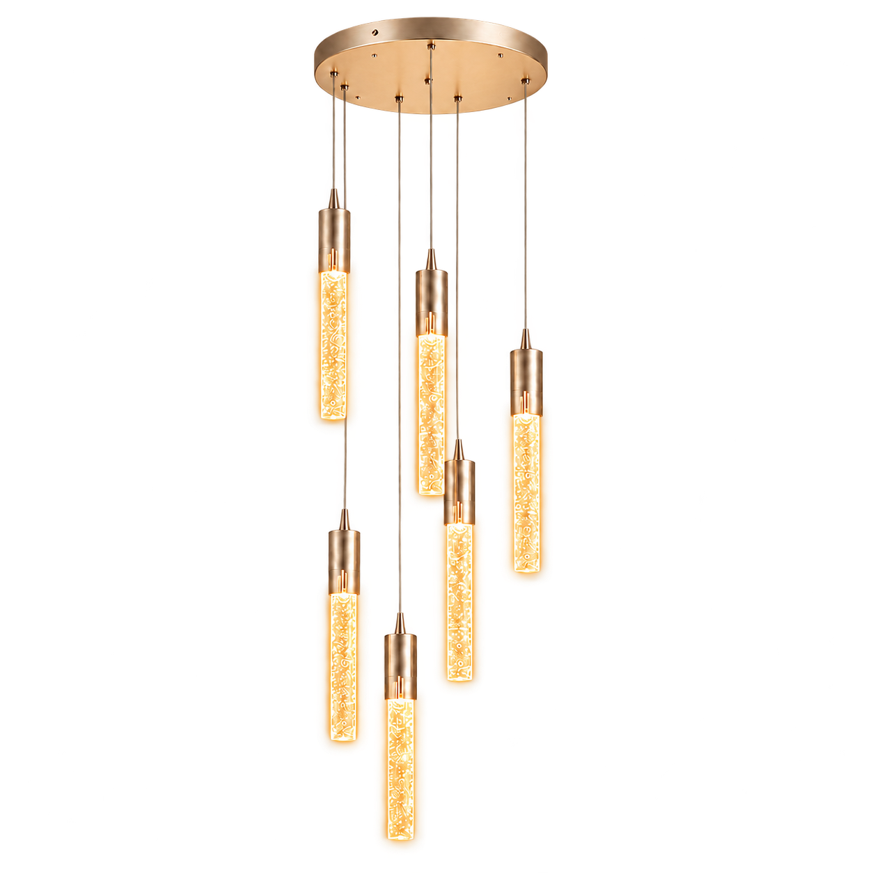 Lámpara colgante cascada 6 luces, French Gold (30*Regula 200cm, 30W) (6 tubos led 3.5*32cm) (Circuito LED integrado, temperatura de luz: cálida 3000K, vida útil 25000 horas)
