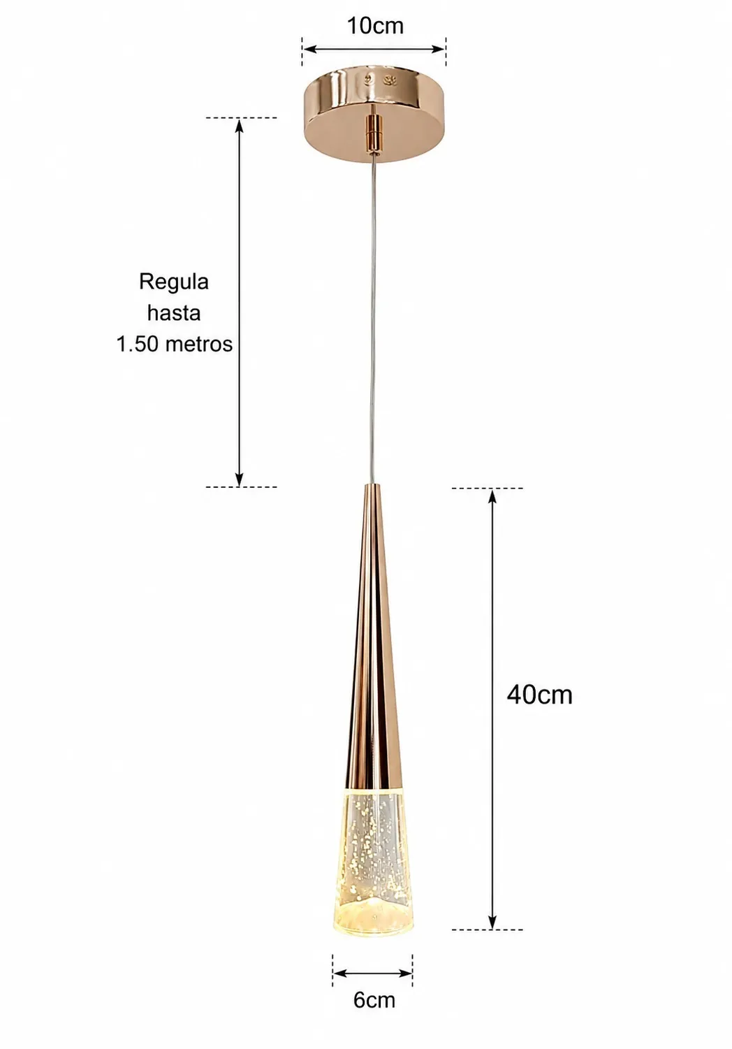 Lámpara colgante V alargada, French Gold (6*40*Regula 150cm, 5W) (Circuito LED integrado, 3 temperaturas de luz: cálida 3000K, neutra 4500K, blanca 6000K, vida útil 25000 horas)