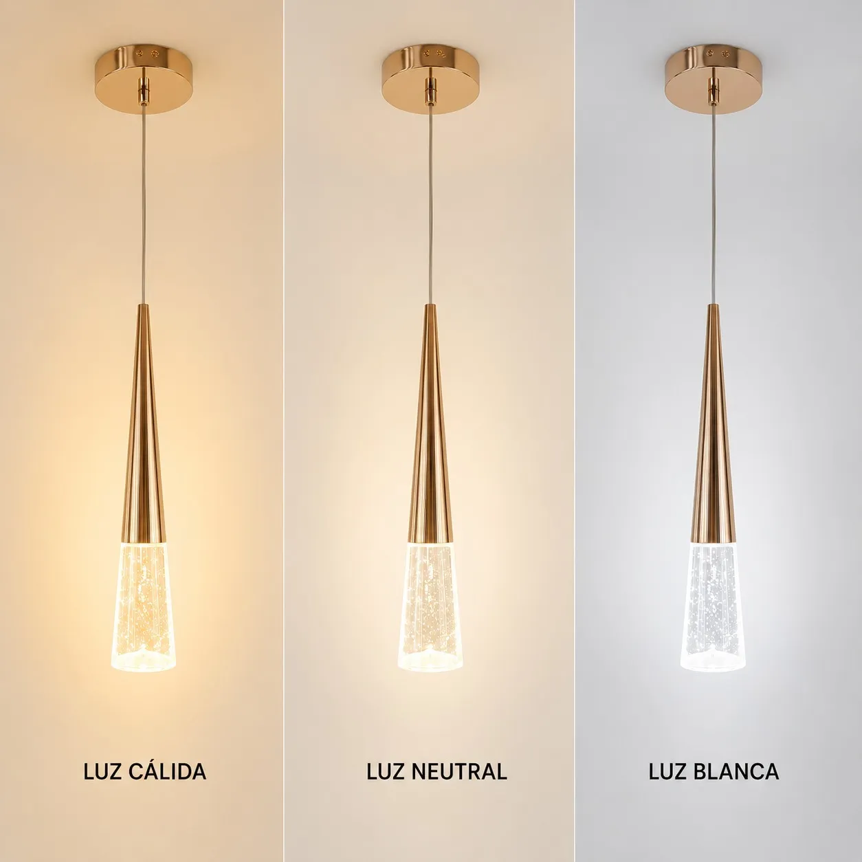 Lámpara colgante V alargada, French Gold (6*40*Regula 150cm, 5W) (Circuito LED integrado, 3 temperaturas de luz: cálida 3000K, neutra 4500K, blanca 6000K, vida útil 25000 horas)