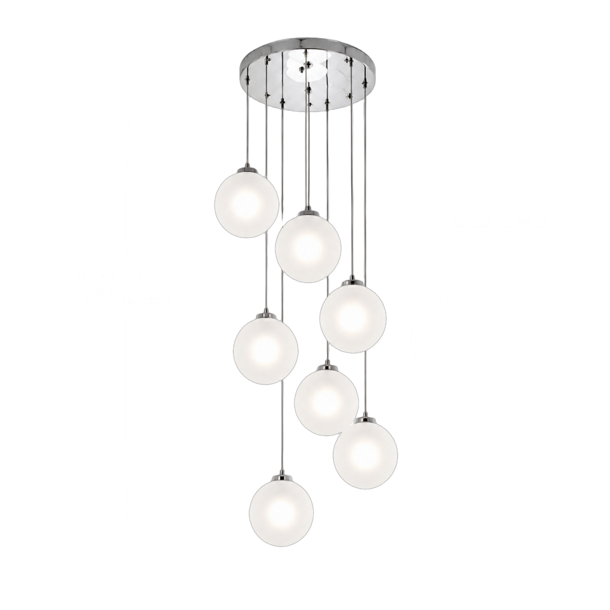 Lámpara colgante esferas de cristal en cascada, Blanco (25*120cm) (7 esferas 15cm) (7 focos G9 no incluidos)