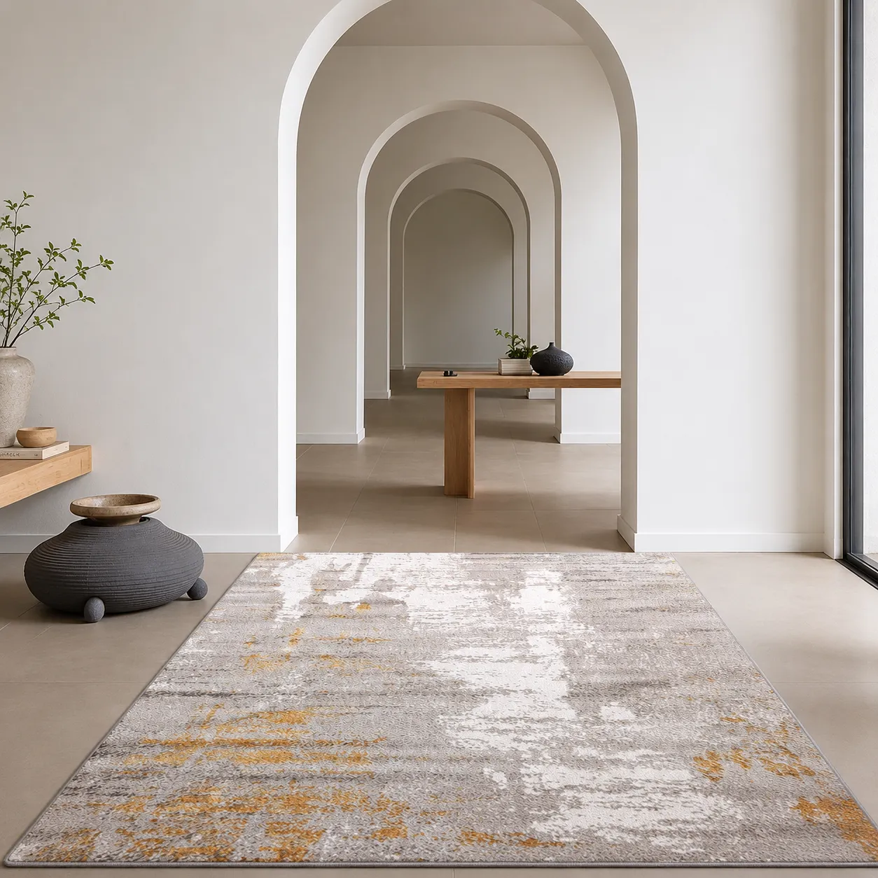 Alfombra abstracta con vetas doradas grande, Gris, grosor 2 cm, reverso de yute (200*290cm)
