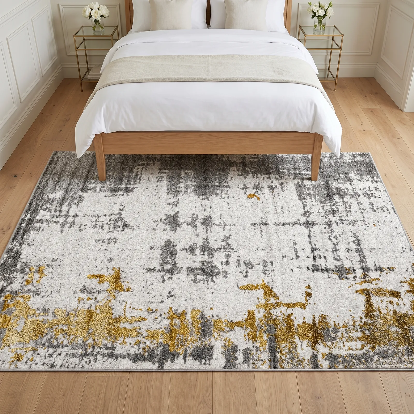 Alfombra abstracta con hilo metálico grande, Gris y dorado, grosor 2 cm, reverso de yute (200*290cm)