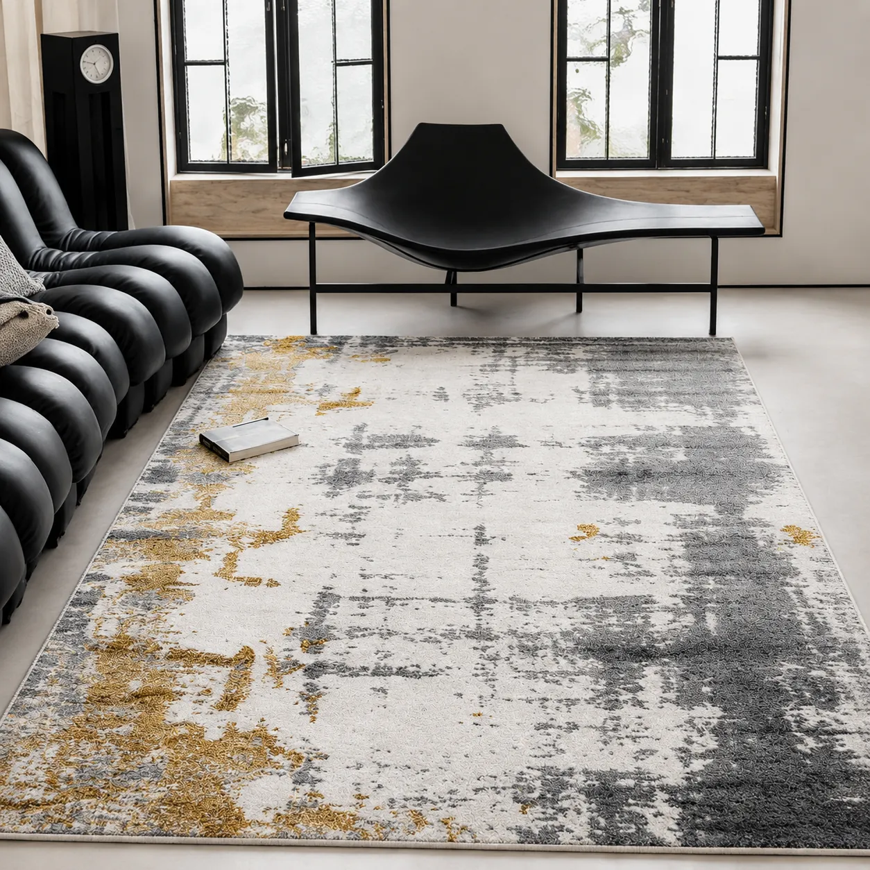 Alfombra abstracta con hilo metálico XL, Gris y dorado, grosor 2 cm, reverso de yute (240*340cm)