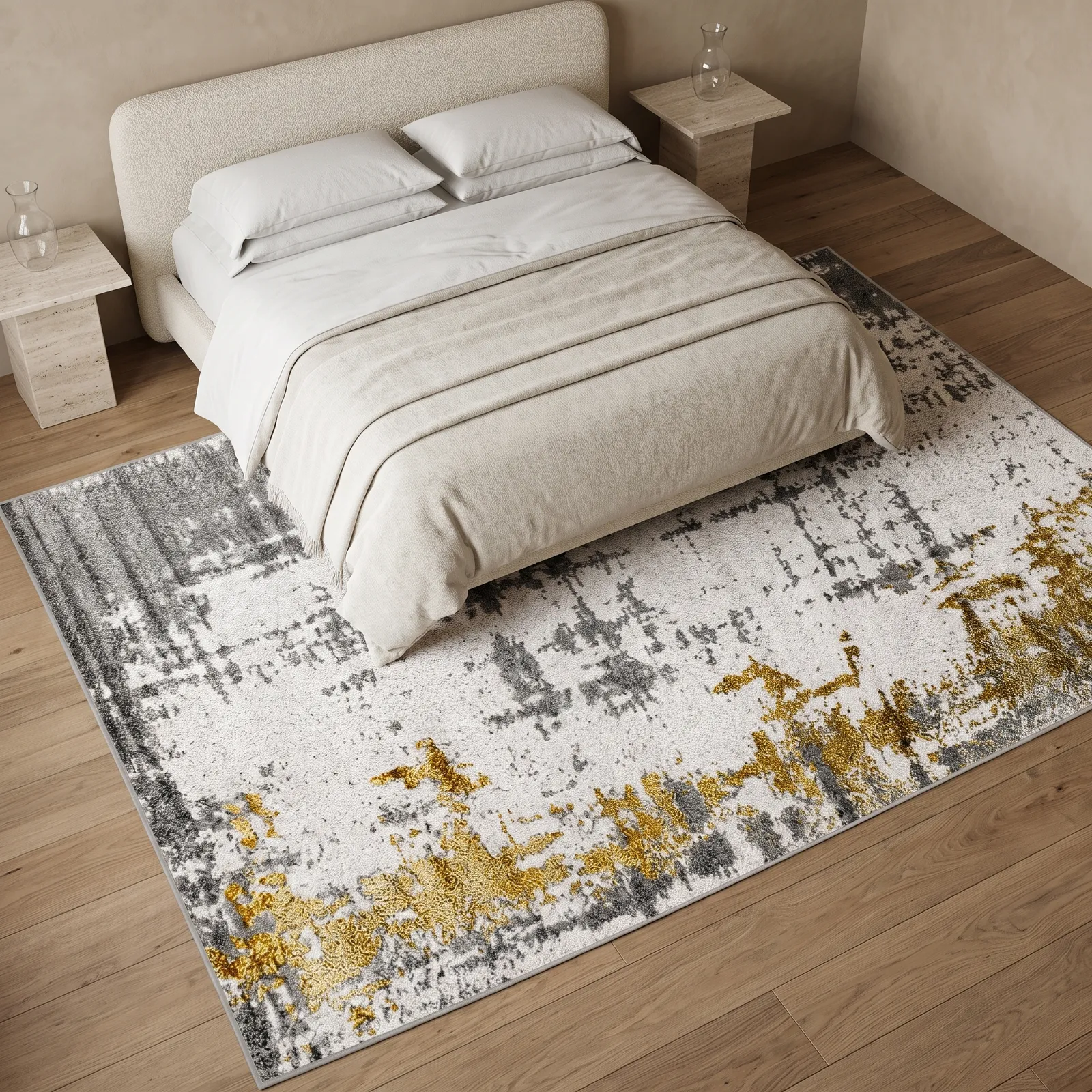 Alfombra abstracta con hilo metálico XL, Gris y dorado, grosor 2 cm, reverso de yute (240*340cm)