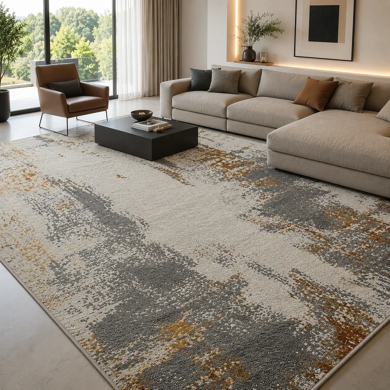 Alfombra abstracta con vetas doradas, Hueso, grosor 2 cm, reverso de yute (160*230cm)