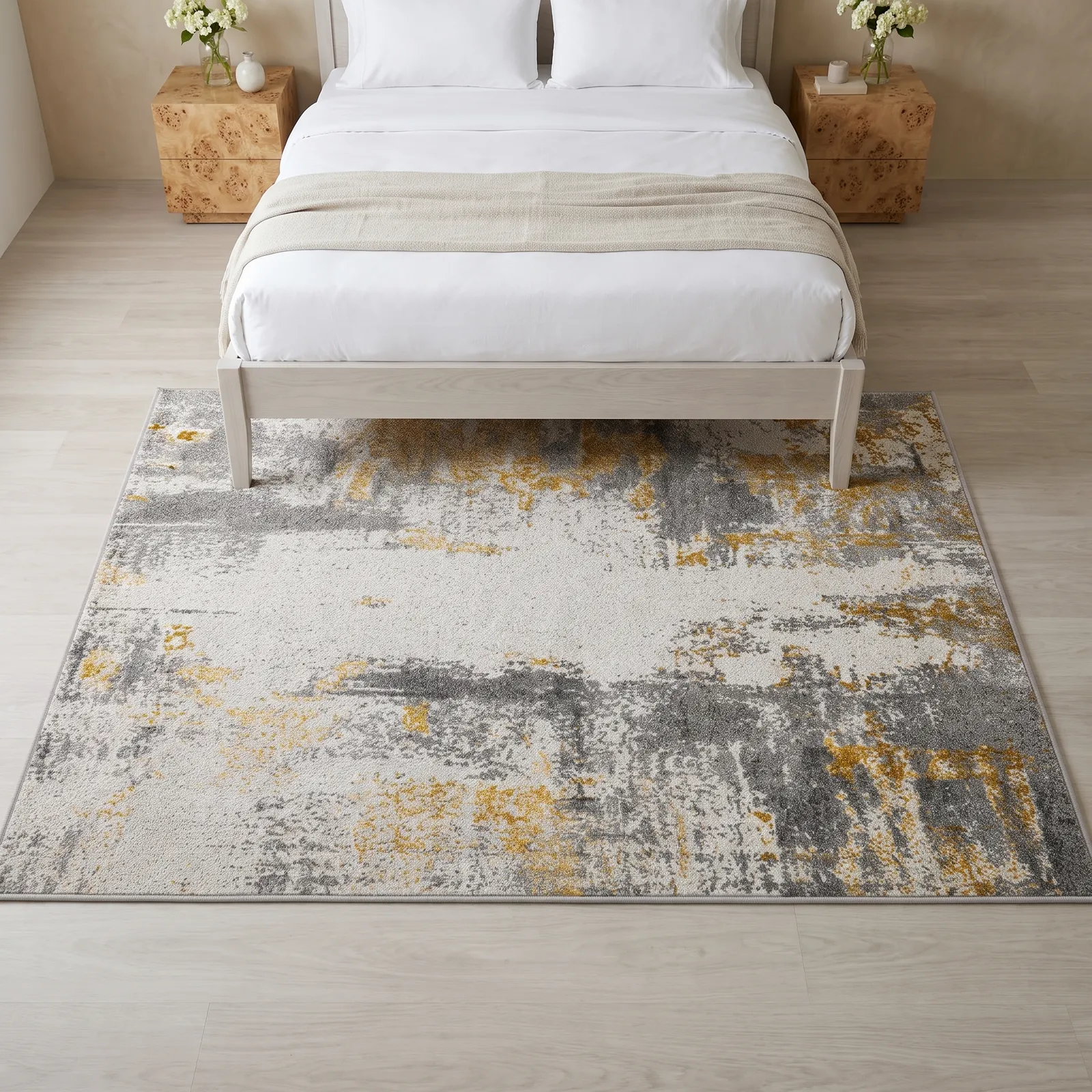 Alfombra abstracta con vetas doradas grande, Hueso, grosor 2 cm, reverso de yute (200*290cm)