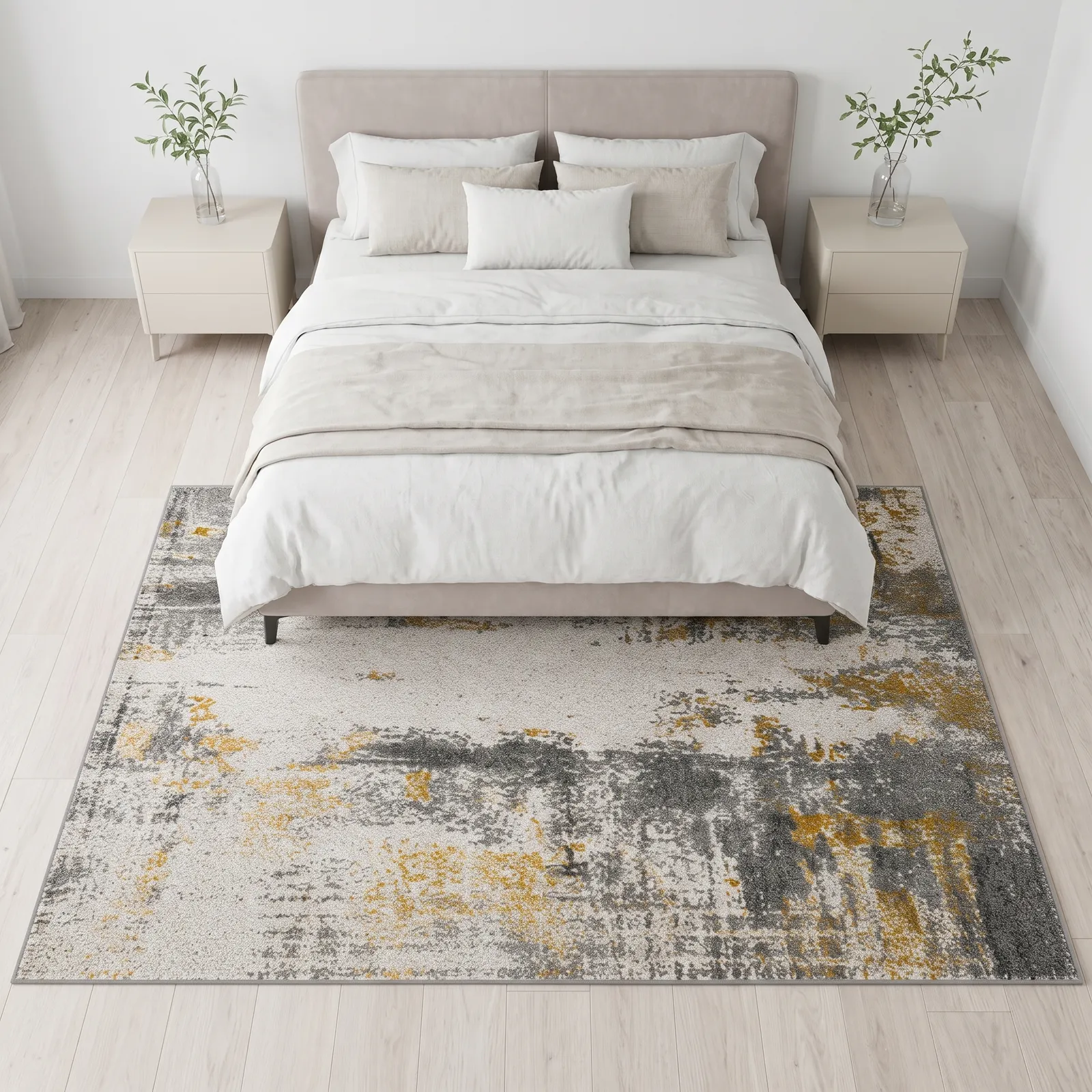 Alfombra abstracta con vetas doradas XL, Hueso, grosor 2 cm, reverso de yute (240*340cm)